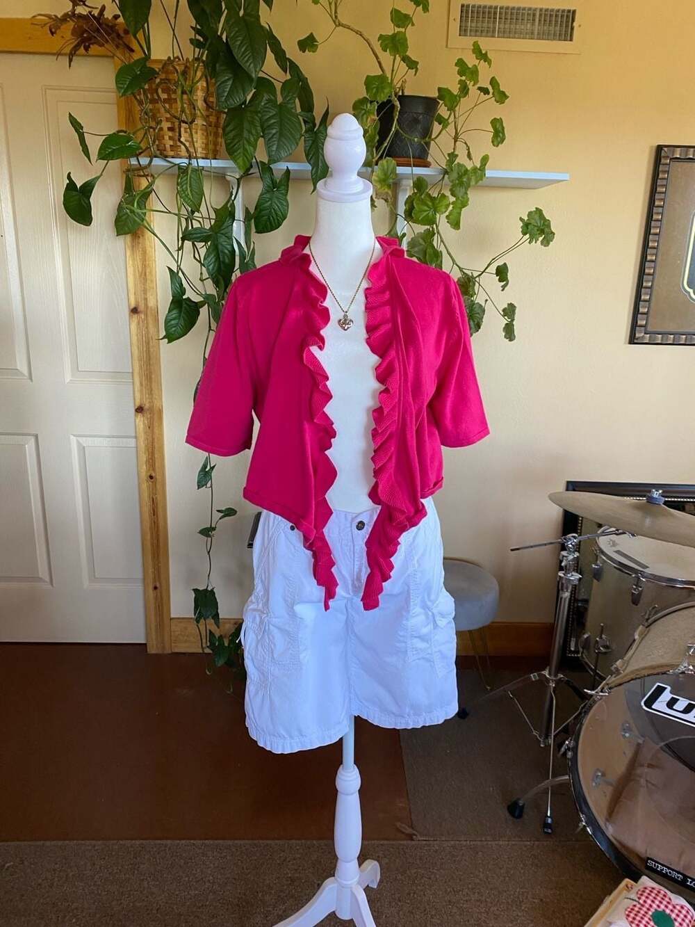 Hot Pink Ruffle Trim Wrap Cardigan Soft Girly Knit Top